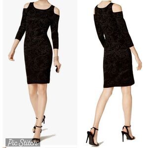 Taylor Wm’s Sz Med Black GunMetallic Shimmer Cold-Shoulder Sweater Dress